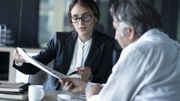Patent attorney meeting with a customer