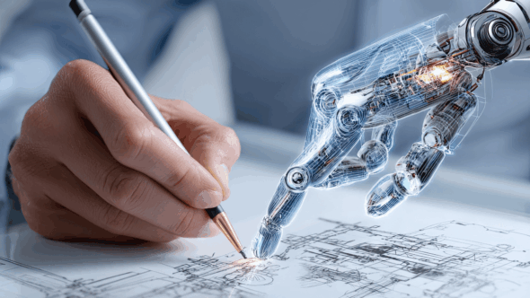 A robot representing AI assisting in the creation of a invention