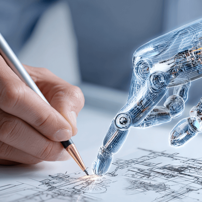 A robot representing AI assisting in the creation of a invention