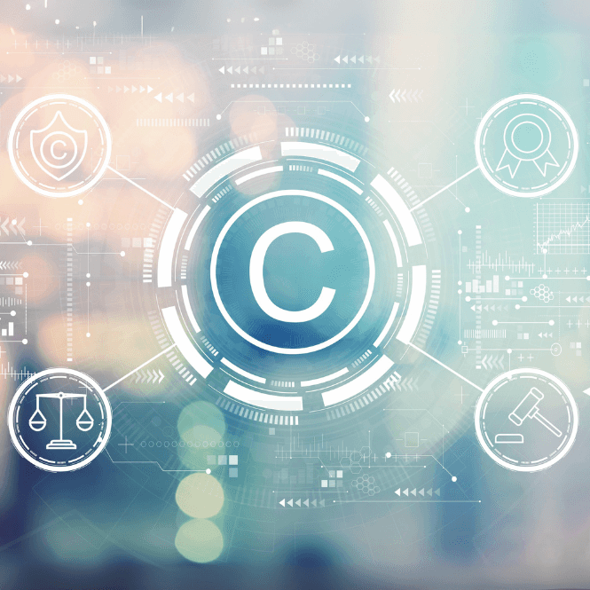 Person reviewing creative work with digital copyright symbol