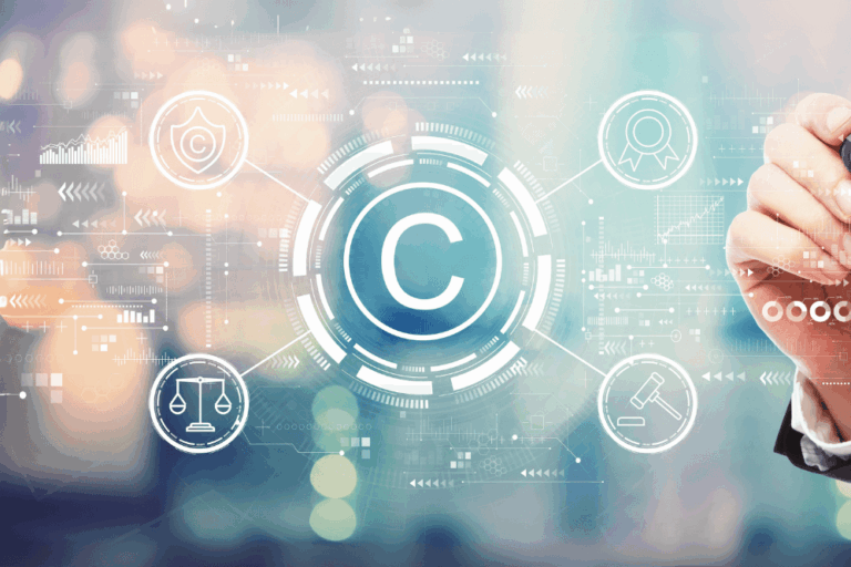Person reviewing creative work with digital copyright symbol