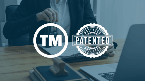 Icons representing trademark (TM) and patent protection side by side, illustrating the difference between the two.