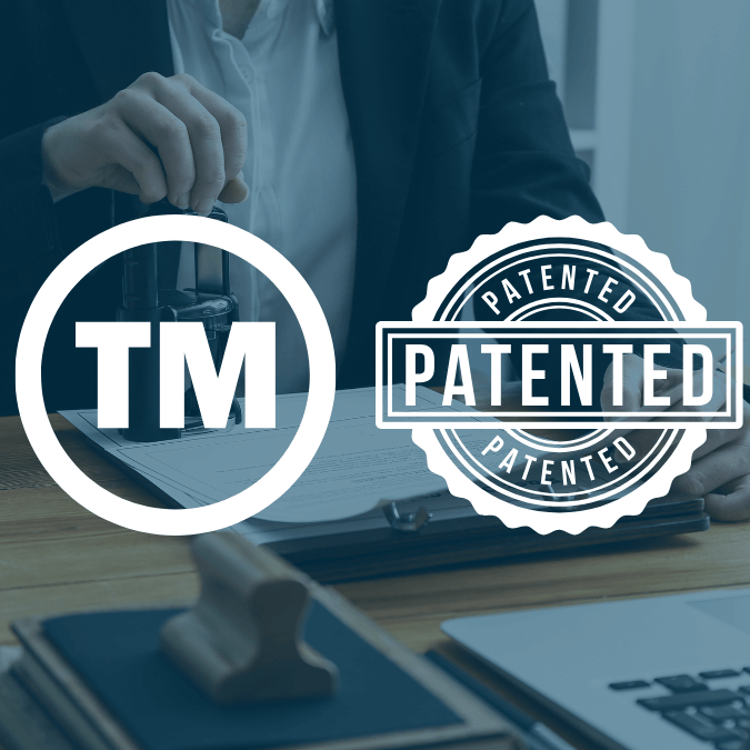 Icons representing trademark (TM) and patent protection side by side, illustrating the difference between the two.