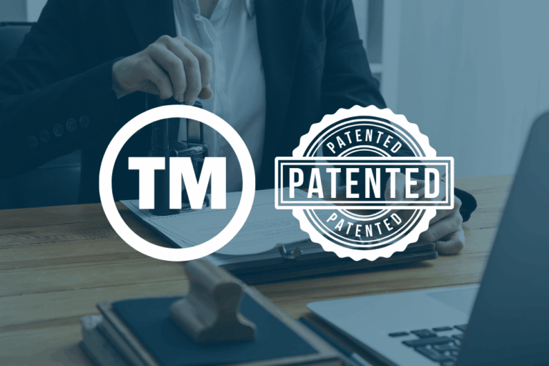 Icons representing trademark (TM) and patent protection side by side, illustrating the difference between the two.
