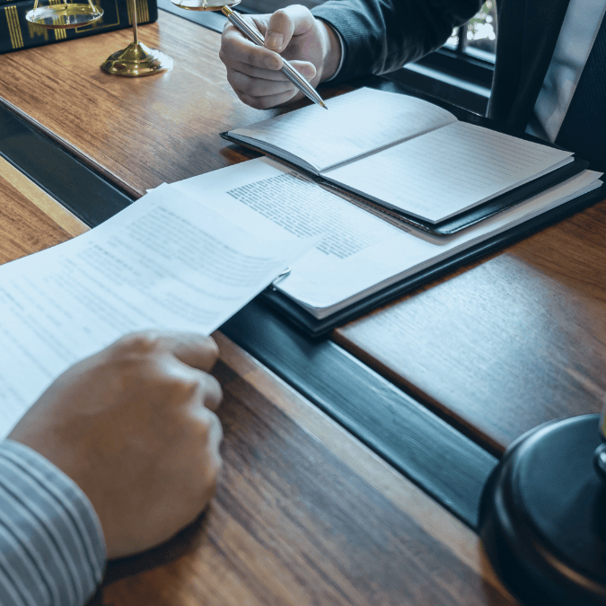 An attorney and client sitting at a desk discussing patent infringement case