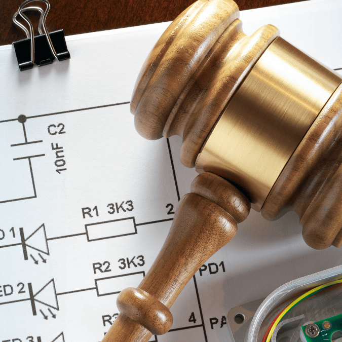 Wooden gavel resting on electronic circuit diagram and components, symbolizing patent law
