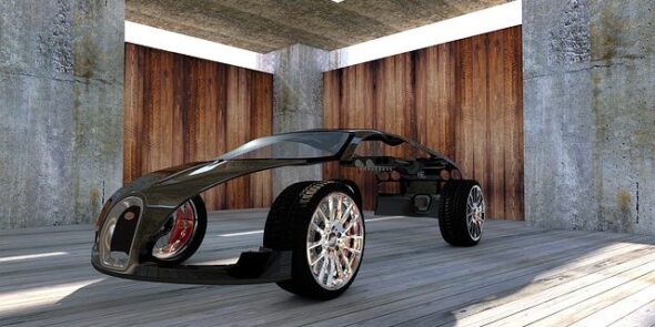 A conceptual image of a partially assembled vehicle prototype, illustrating invention development and design testing.