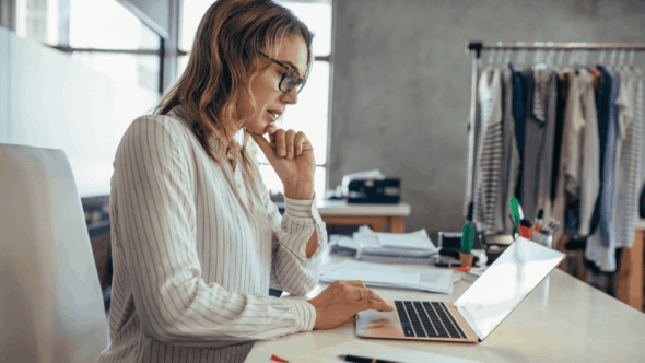 Business owner reviewing her trademark and other intellectual property